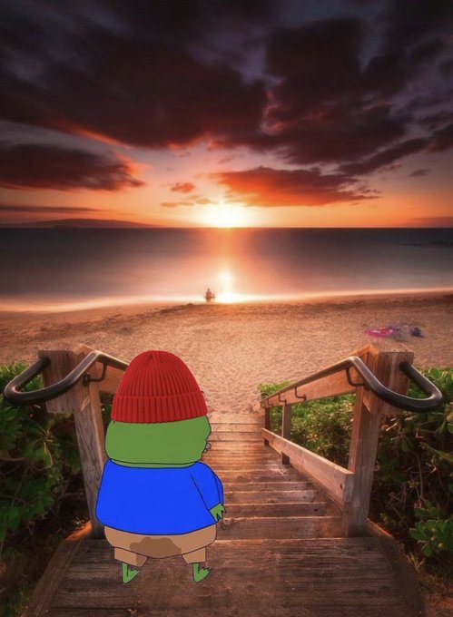 A cartoon character wearing a red beanie and blue shirt walks down wooden stairs toward a beach at sunset, with dramatic clouds and a meditating figure visible in the distance.
