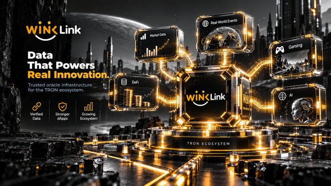 A promotional graphic for 'WINkLink' advertising 'Data That Powers Real Innovation' as a 'Trusted oracle infrastructure for the TRON ecosystem,' featuring floating 3D cubes labeled with categories like Market Data, DeFi, Gaming, and AI.