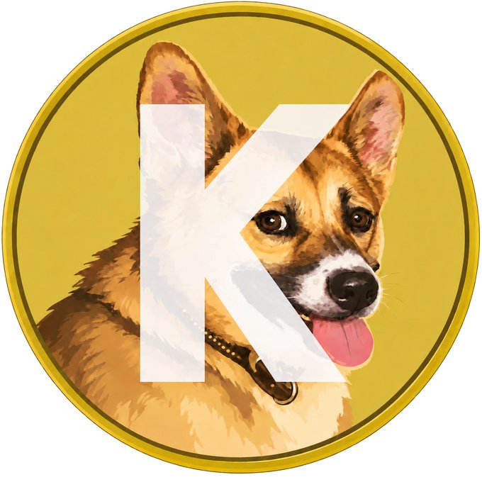A golden coin logo featuring a smiling Corgi dog overlaid with a large white letter "K," representing the $KEN cryptocurrency token discussed in the post about purchasing at a 100k market cap.