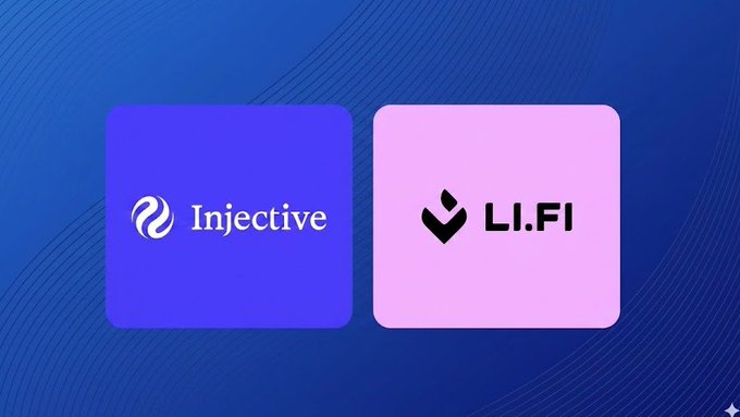 A graphic showing the logos of "Injective" and "LI.FI" side by side on a blue background.