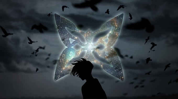 A silhouette of a young person looking at a large, glowing butterfly with cosmic and nebula-like patterns on its wings, set against a dark sky filled with flying birds.