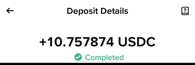 A mobile app 'Deposit Details' screen showing a completed deposit of +10.757874 USDC with a green checkmark and 'Completed' status.