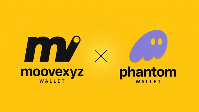 A promotional graphic on a yellow background showcasing a partnership between "moovexyz Wallet" and "Phantom Wallet," with their respective logos flanking an "X" symbol in the center. The image visually represents the comparison mentioned in the post, highlighting how Moove offers significantly lower fees for USDC/USDT swaps ($0.21 vs. Phantom's $1.87).