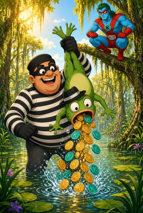 Cartoon illustration of a burglar in a striped shirt holding a frog upside down in a swamp, with gold coins spilling out of the frog's mouth, while a superhero in a red and blue costume with a 'K' emblem watches from a tree branch.