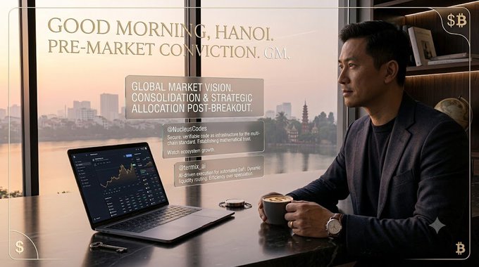 An AI-generated image showing a man in a dark blazer holding a coffee cup at a desk with a laptop displaying stock charts, with text reading 'GOOD MORNING, HANOI. PRE-MARKET CONVICTION. GM' and a 'GLOBAL MARKET VISION' quote box.