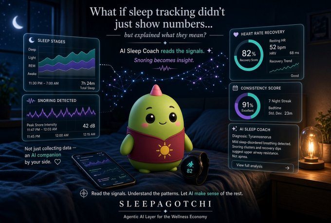 A promotional advertisement for 'SLEEPAGOTCHI' featuring a green character on a bed, with text reading 'What if sleep tracking didn't just show numbers... but explained what they mean?' alongside sleep stage graphs, snoring detection data, and AI Sleep Coach insights.