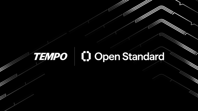 A black graphic featuring the "TEMPO" logo alongside the "Open Standard" logo, separated by a thin vertical line, with subtle white circuit-like lines in the background—signaling Tempo's new partnership and integration of the OUSD stablecoin into its payments-first blockchain ecosystem.