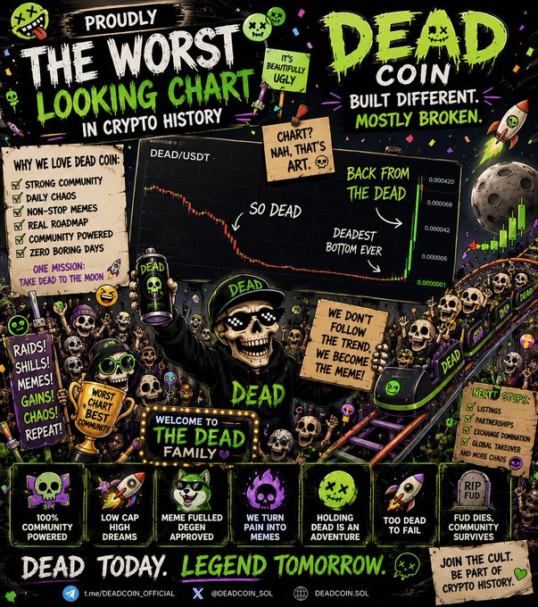 The post displays a chart comparing the value of a coin called "DEAD" over time, showing that its price has dropped recently. The graph presents a downward trend, indicating that the coin's value has decreased significantly. This negative sentiment might lead some people to believe that they should sell their coins or avoid investing in them due to their poor performance and possibly losing their money. However, it is important to remember that such charts only represent short-term trends and may not accurately reflect the long-term potential of a coin's value.
