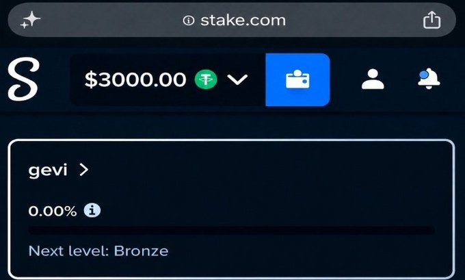 A screenshot of the stake.com website displays a user account showing a balance of $3000.00 in what appears to be Indian Rupees, with the username "gevi" and a 0.00% progress bar indicating they're at the Bronze level. The image supports the giveaway post by showing the required $3000 prize pool reflected in the account balance.