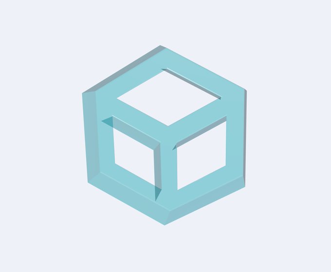 A simple 3D rendering of a light teal hollow cube or hexagonal frame structure against a pale blue background.