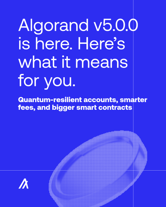 The image is a promotional graphic for **Algorand v5.0.0**, announcing the release with the tagline "Quantum-resilient accounts, smarter fees, and bigger smart contracts," featuring the Algorand logo and a stylized blue coin design.

This relates to the post by celebrating the successful v5.0.0 protocol upgrade, highlighting the rapid community adoption reflected in 1,500+ validators approving the network upgrade within 4 days.