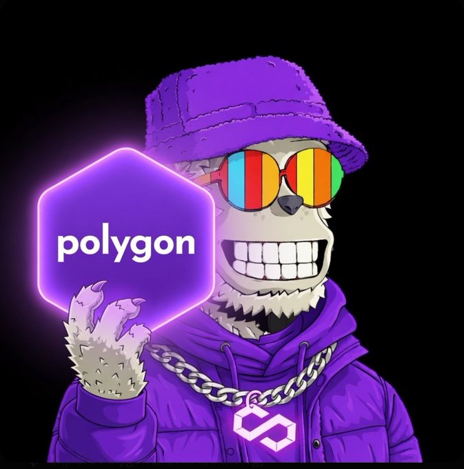 The image features a cartoon monkey wearing sunglasses, a purple hat, and has chains around its neck. The monkey appears to be holding up a neon sign that says "Polygon" with a smiley face. The background of the image is black, which contrasts with the colorful elements in the foreground. The post also mentions stablecoins and market cap growth on @0xPolygon, suggesting an interest in investing or trading in this particular cryptocurrency.
