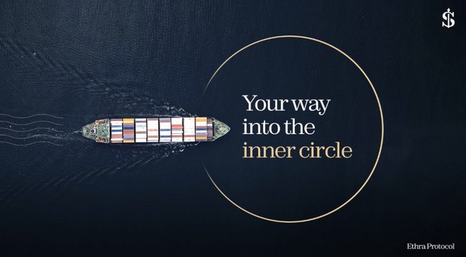 An advertisement for 'Ethra Protocol' shows an aerial view of a container ship on the ocean with the text 'Your way into the inner circle' inside a gold circle.
