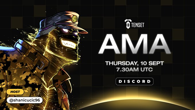 Promotional graphic for a Tenset community AMA on Discord, featuring a stylized illustration of a character in a cap and gold-rimmed sunglasses, with event details displayed: "TENSET AMA, THURSDAY, 10 SEPT, 7.30AM UTC, DISCORD," hosted by @shanicucic96.