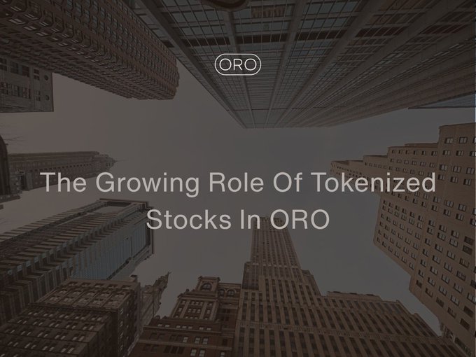 A presentation slide with a darkened background image of skyscrapers viewed from below, displaying the ORO logo and the title 'The Growing Role Of Tokenized Stocks In ORO'.