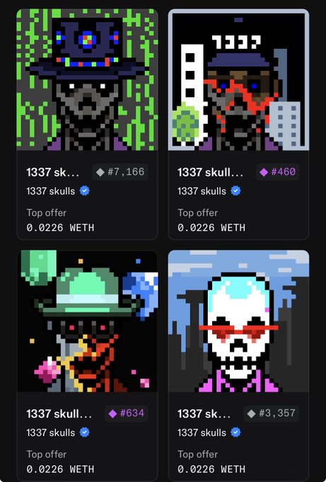 An NFT marketplace listing showing four "1337 skulls" collection items priced at 0.0226 WETH, featuring pixel art skulls with various accessories like hats and glasses.