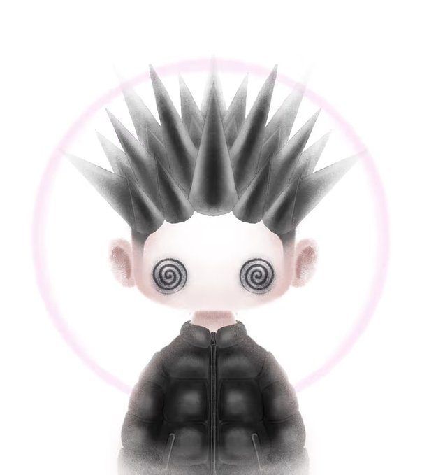 A digital artwork of a pale, doll-like character with spiky grey hair, spiral-patterned eyes, wearing a dark puffer jacket.