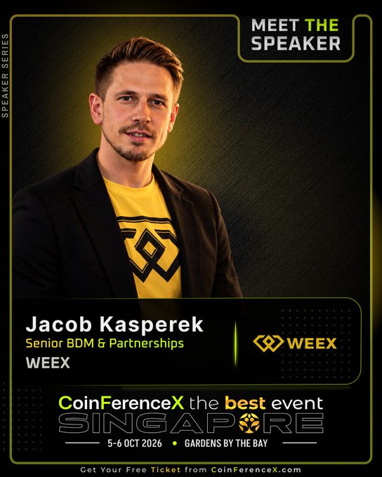 A "Meet the Speaker" promotional graphic for CoinFerenceX Singapore (5-6 Oct 2026 at Gardens by the Bay) featuring Jacob Kasperek, Senior BDM & Partnerships at WEEX, shown in a black blazer over a yellow WEEX-branded shirt against a dark green background. The image visually supports the announcement of his speaking role, highlighting his position at WEEX and the event details.