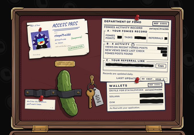 A digital display designed as a leather briefcase showing a 'DEPARTMENT OF FOMO' access pass for 'stayal9ve2kk', complete with stats, referral links, and a strap-bound pickle with a '404' key.