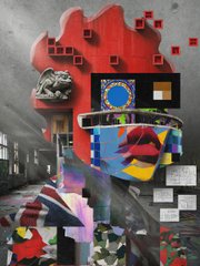 An abstract, textured collage-style image featuring a prominent red map-like shape, a small globe graphic, and various colorful, geometric elements against a dark, gritty background.