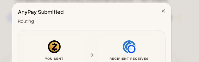 The image shows a screenshot of a screen displaying payment information for an app named "anypay" that allows users to route payments through various methods, such as ZEC or private transactions. There are three payment icons displayed on the screen representing different routes for sending funds to the merchant. The process is completed with a "Submit" button in the center. A text box provides instructions and information about how to send a payment.