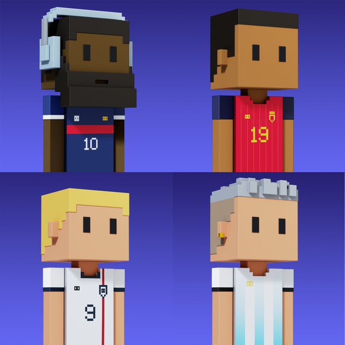 A 2x2 grid of Minecraft-style voxel characters depicting soccer players in various national jerseys, including numbers 10 and 19.