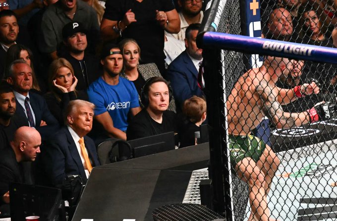 The image does not show house community members watching a liquidation heatmap. It depicts a UFC fight scene with Donald Trump and Elon Musk seated ringside watching a mixed martial arts bout inside a chain-link cage, with "BUD LIGHT" visible on the padding. The caption appears to be unrelated to the actual content of the image.