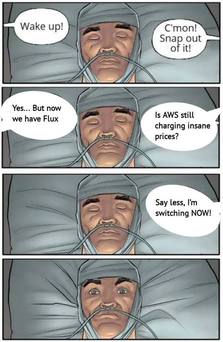 A comic-style image shows a comatose patient on life support being told to "Wake up!" and "C'mon! Snap out of it!" before being alerted, "Yes... But now we have Flux" and asked, "Is AWS still charging insane prices?"—to which the patient responds, "Say less, I'm switching NOW!"—visually humorously conveying the post's message about companies escaping expensive AWS vendor lock-in by migrating to FluxCloud.