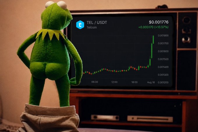 Kermit the Frog stands pants-down in front of a TV displaying a rising TEL/USDT chart at $0.001776 (+10.57%) for Telcoin, humorously mirroring the caption's "Pants down. Charts up. $TEL #Telcoin" to celebrate the bullish price action.