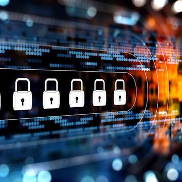 A digital graphic showing white padlock icons overlaid on a backdrop of binary code and glowing data streams, symbolizing cybersecurity.