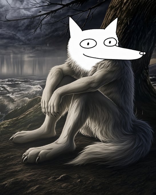 A surreal digital artwork featuring a fluffy, wolf-like creature sitting under a dark tree, its face replaced by a cartoonish white cat mask with a mischievous grin.