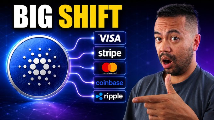 A man points excitedly at a graphic featuring the Cardano logo connected to major partners including Visa, Stripe, Mastercard, Coinbase, and Ripple, with bold "BIG SHIFT" text overhead, visually reinforcing the post's theme of Cardano's significant ecosystem developments and treasury decisions.