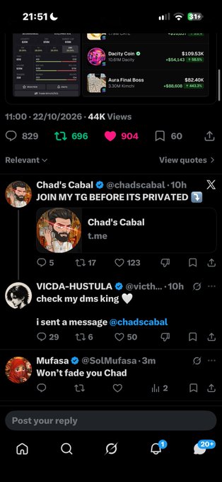 A dark-mode social media post shows crypto wallet screenshots and a reply thread; visible text includes “JOIN MY TG BEFORE ITS PRIVATED,” “check my dms king 🤍,” “i sent a message @chadscabal,” and “Won’t fade you Chad.”