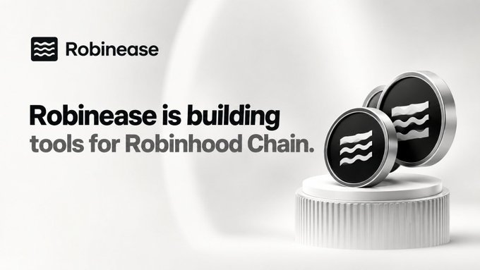 The image features a promotional graphic for Robinease, displaying the company's logo alongside the text "Robinease is building tools for Robinhood Chain." Two stylized metallic coin-like objects with wave emblems sit on a ridged white pedestal on the right side, reinforcing the brand's identity and its focus on blockchain infrastructure development.