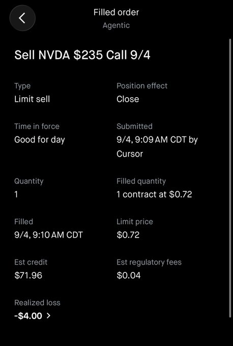 Filled order screen showing a Sell NVDA $235 Call 9/4 limit sell order by Cursor, filled at $0.72 for 1 contract with a realized loss of -$4.00.