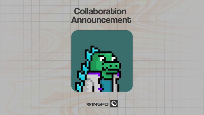 A "Collaboration Announcement" graphic featuring a pixel art illustration of a green dragon-like character wearing a purple cape, branded with the "WINGFO" logo at the bottom, announcing a collaboration collection with XiLLA NFTs.