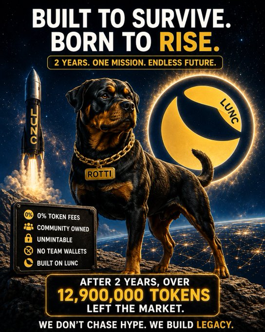 Crypto meme poster titled 'BUILT TO SURVIVE. BORN TO RISE. 2 YEARS. ONE MISSION. ENDLESS FUTURE.' featuring a Rottweiler dog named ROTTI with a rocket launch and LUNC logo, noting 'AFTER 2 YEARS, OVER 12,900,000 TOKENS LEFT THE MARKET.'