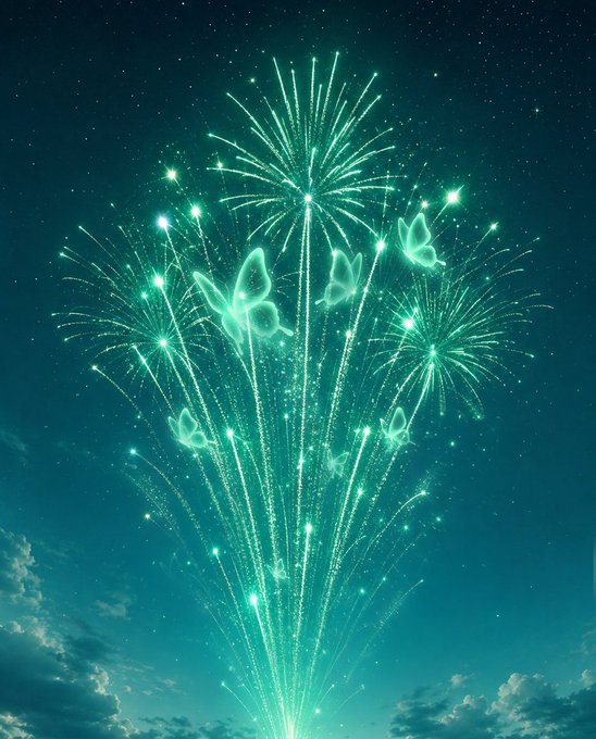 Vibrant green fireworks burst across a starry night sky, their delicate trails and sparkling bursts shaped like delicate petals rising above a horizon of soft clouds. The luminous display transforms the heavens into a magical stage, perfectly capturing the sentiment that the sky itself has joined the spectacle.