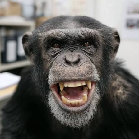 A close-up of a chimpanzee with its mouth wide open, displaying its teeth in what appears to be a laugh or smile.