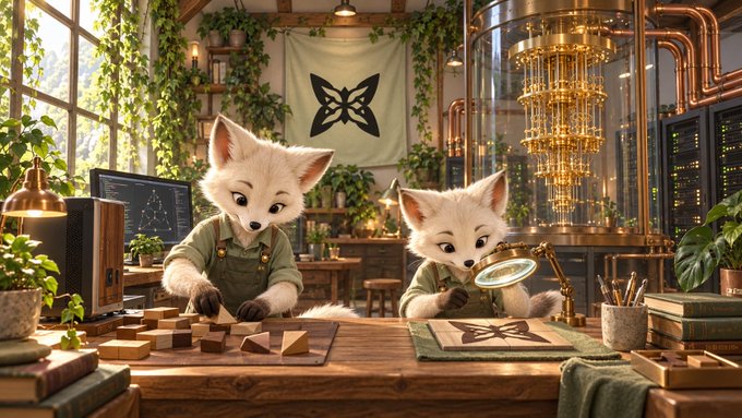 Two anthropomorphic foxes work at a wooden desk in a lush, plant-filled workshop—one examining wooden blocks near a computer monitor displaying a butterfly graphic, while the other uses a magnifying glass to inspect a butterfly emblem on fabric. The scene illustrates the post's theme of hybrid quantum-classical computing, with the butterflies symbolizing the precise, verified outputs produced when classical machines prepare data and QPUs handle the specialized quantum tasks.