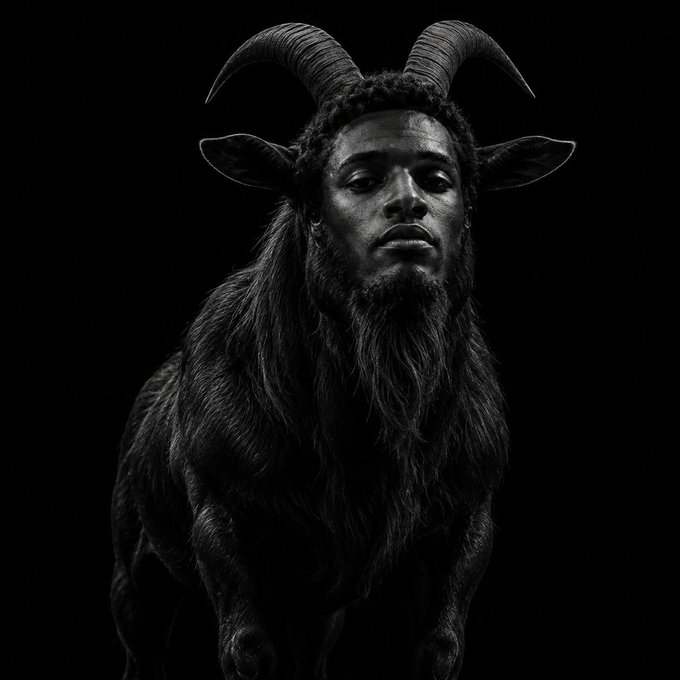 A dramatic black-and-white image of a goat with a human-like face, dark beard, and imposing curved horns emerging from shadow, aligning with the post's "ANSEM THE GOAT" meme and proposed $GOAT token launch.