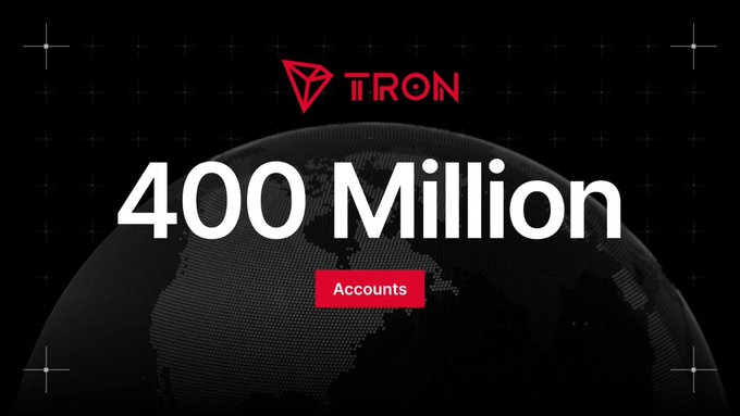 A promotional graphic for TRON (TRX) featuring its logo alongside the bold text "400 Million Accounts," set against a dark background with a stylized globe, celebrating the blockchain's milestone of surpassing 400 million user accounts.
