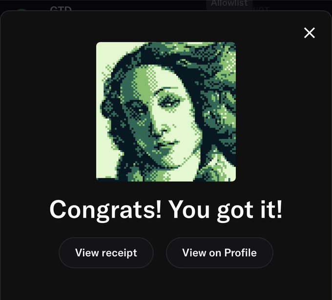 A digital popup reading 'Congrats! You got it!' featuring a pixelated green-toned portrait of a woman reminiscent of classical artwork, with buttons to 'View receipt' and 'View on Profile'.