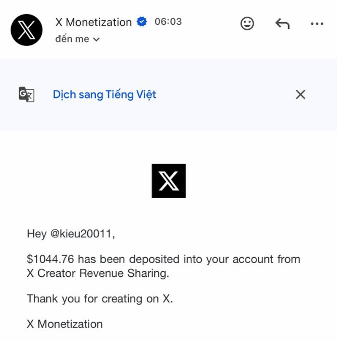 A screenshot of an email notification from X Monetization stating that $1044.76 has been deposited into the account of @kieu20011 from X Creator Revenue Sharing.