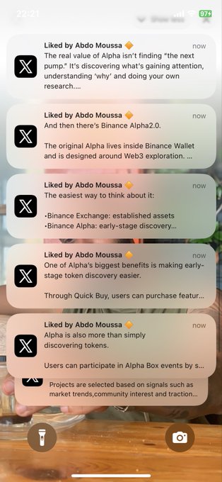 A smartphone screenshot showing multiple notifications from X (Twitter) of posts by Abdo Moussa about Binance Alpha, discussing token discovery and the Binance Exchange platform.