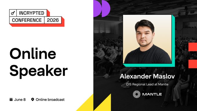 The image features a man giving a speech at an online conference. The speaker's name is displayed prominently above him, and he appears to be wearing a black shirt. The background of the image shows a large crowd of people sitting down and listening attentively to the speaker. The text on the image reads "Online Speaker Alexander Maslov CIS Regional Lead at Mantle" and "Keynote Reveal @Mantle_Official Keynote 6:30-7:00 PM UTC 06/08/26".
