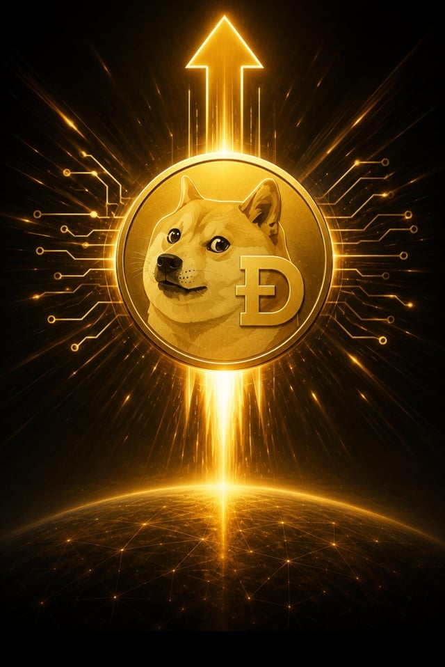 A glowing golden Dogecoin coin featuring the Shiba Inu dog and the "Ð" symbol ascends on a radiant beam above a digital Earth, with an upward arrow signaling rising value—reflecting the post's bullish sentiment about Doge's future upgrade and potential price pump.