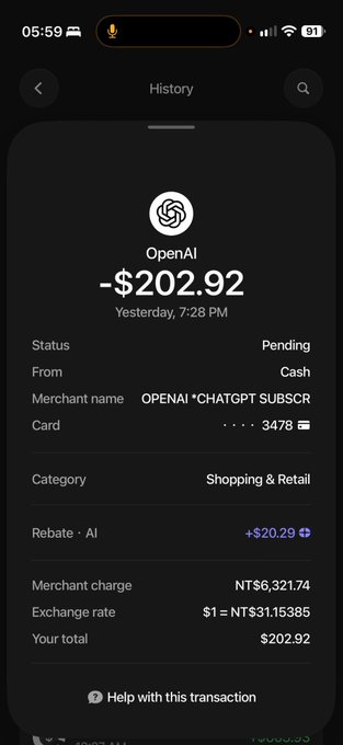 A mobile phone screenshot showing a transaction history entry with a negative balance of "-$202.92" to "OpenAI" (OPENAI *CHATGPT SUBSCR), with a "Rebate · AI" credit of "+$20.29".