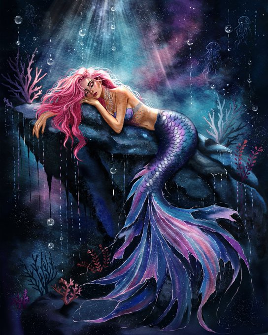 A fantasy digital painting of a pink-haired mermaid resting on a rock underwater, with a glowing purple and blue tail and jellyfish in the background.