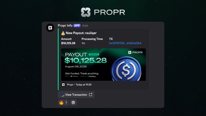 A screenshot of a PROPR app notification showing a new payout of $10,125.28 to user 'rauliqer' with processing time of 1m and transaction hash visible.